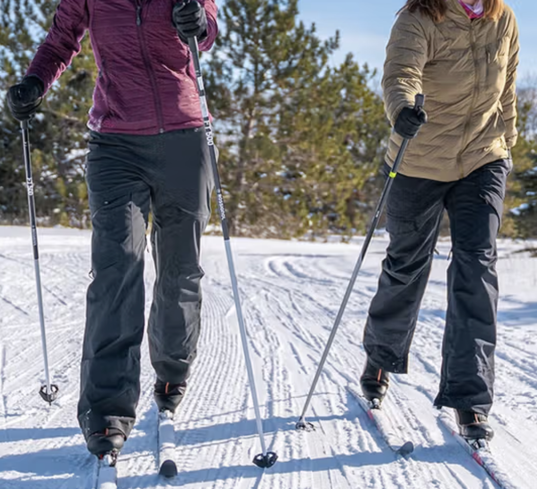 two female figures on skis